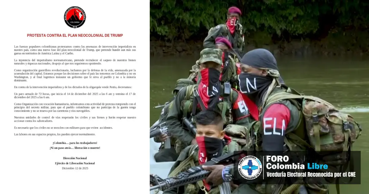 Navidad manchada de sangre: la permisividad que pagan los ciudadanos 2 Integrantes armados del ELN durante un paro armado en Colombia, difundiendo un comunicado mientras realizan presencia armada en zona rural, en el contexto de una Navidad manchada por la violencia.