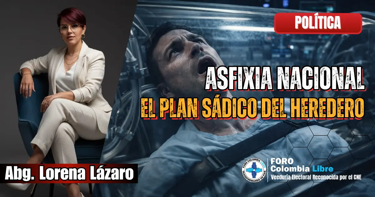 Asfixia nacional representada como un ciudadano atrapado en una cámara hermética, símbolo de la asfixia política y social en Colombia.