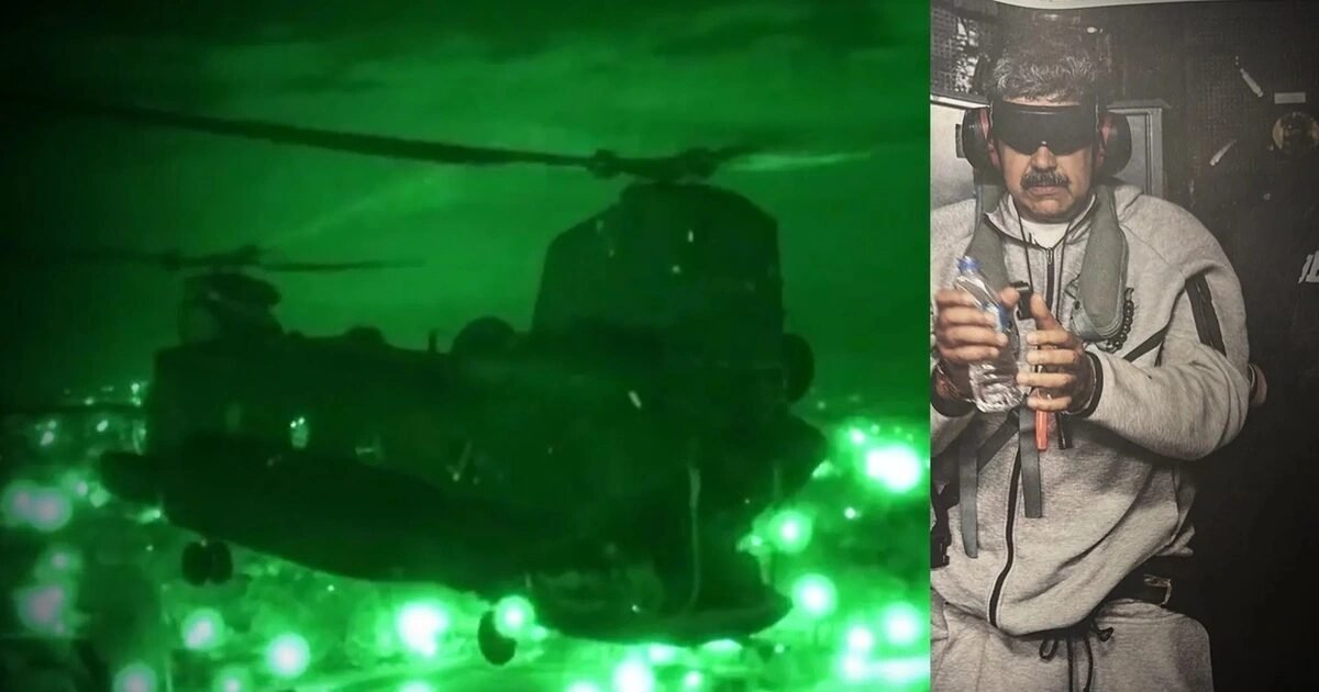 ¿El siguiente en la mira? Colombia ante el nuevo tablero estratégico nacional 2 Imagen nocturna de helicóptero militar en operación especial con visión nocturna verde y operador táctico equipado, simbolizando acción militar encubierta y captura de alto valor.