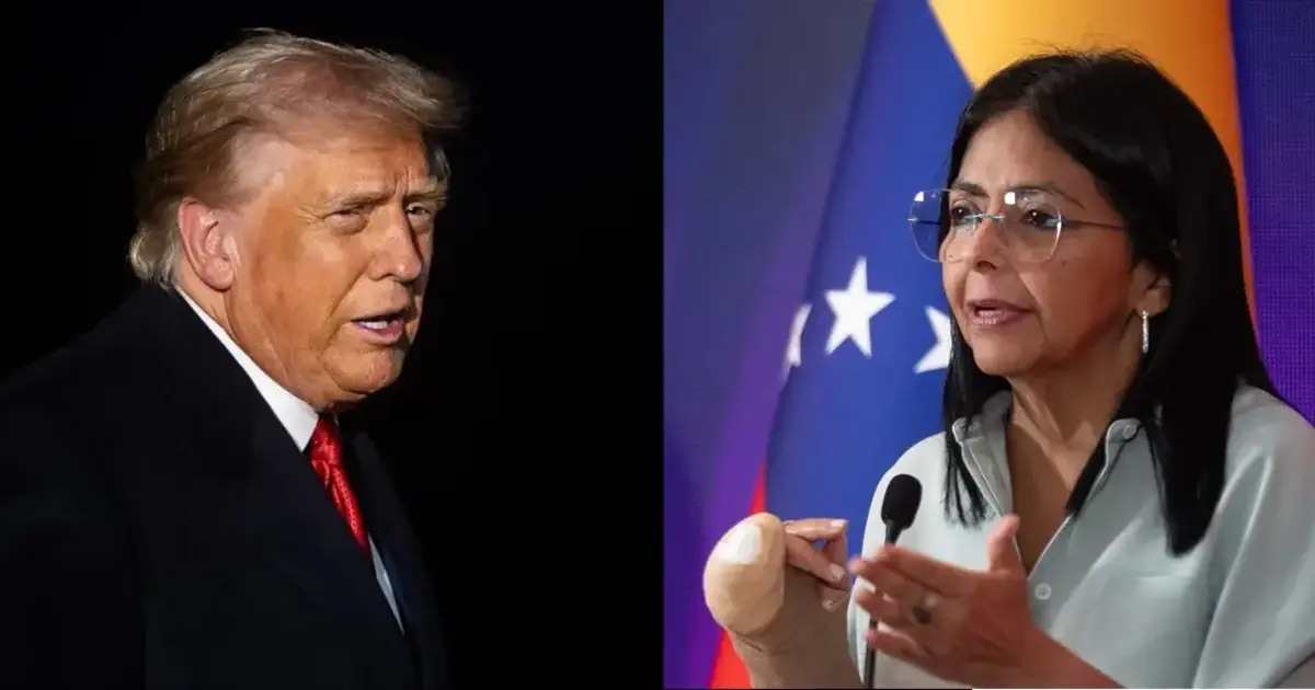 ¡Un fin de año movido! 2 Donald Trump y Delcy Rodríguez en imagen comparativa que representa la tensión política y diplomática entre Estados Unidos y Venezuela.