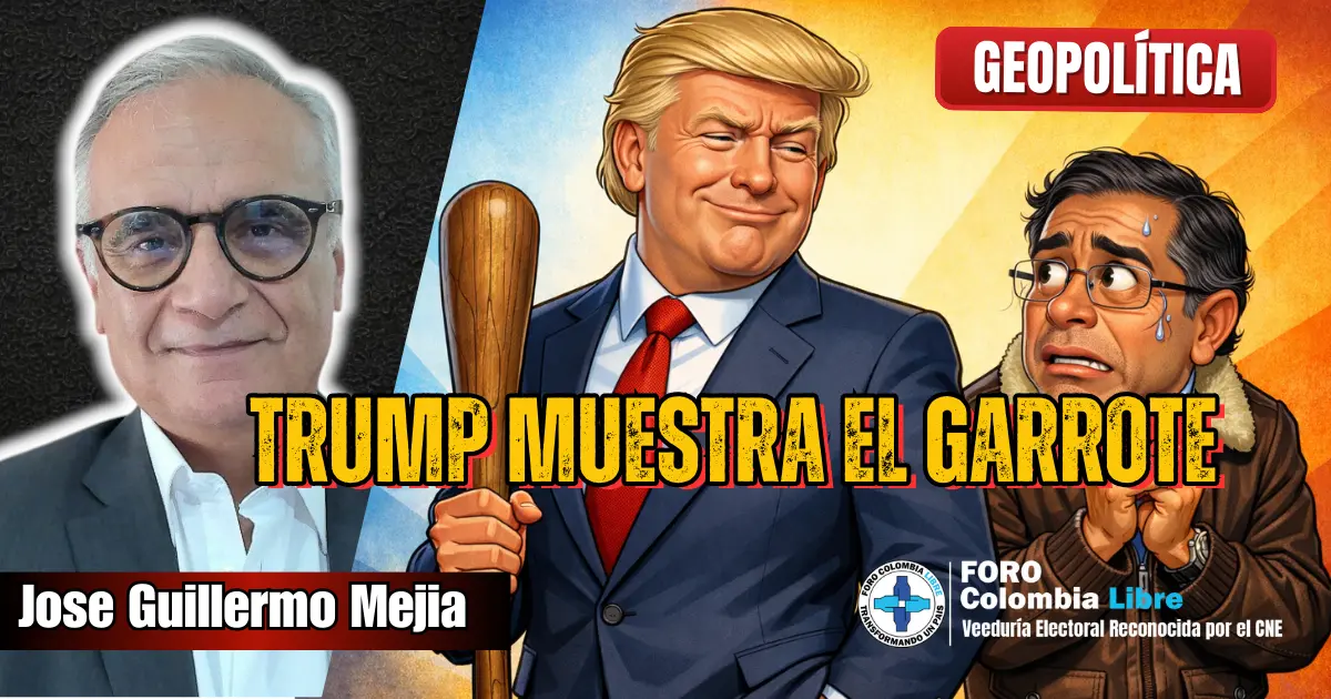 Trump muestra el garrote para no usarlo. Petro lo niega en público y lo teme en privado 1 Ilustración caricaturesca de análisis geopolítico donde un líder rubio sostiene un garrote simbólico frente a un dirigente latino visiblemente temeroso, representando una relación de poder y control político internacional.