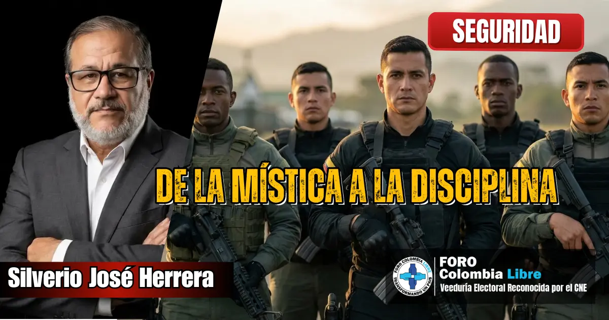 Imagen editorial sobre disciplina militar y mística del soldado colombiano en formación de operaciones especiales