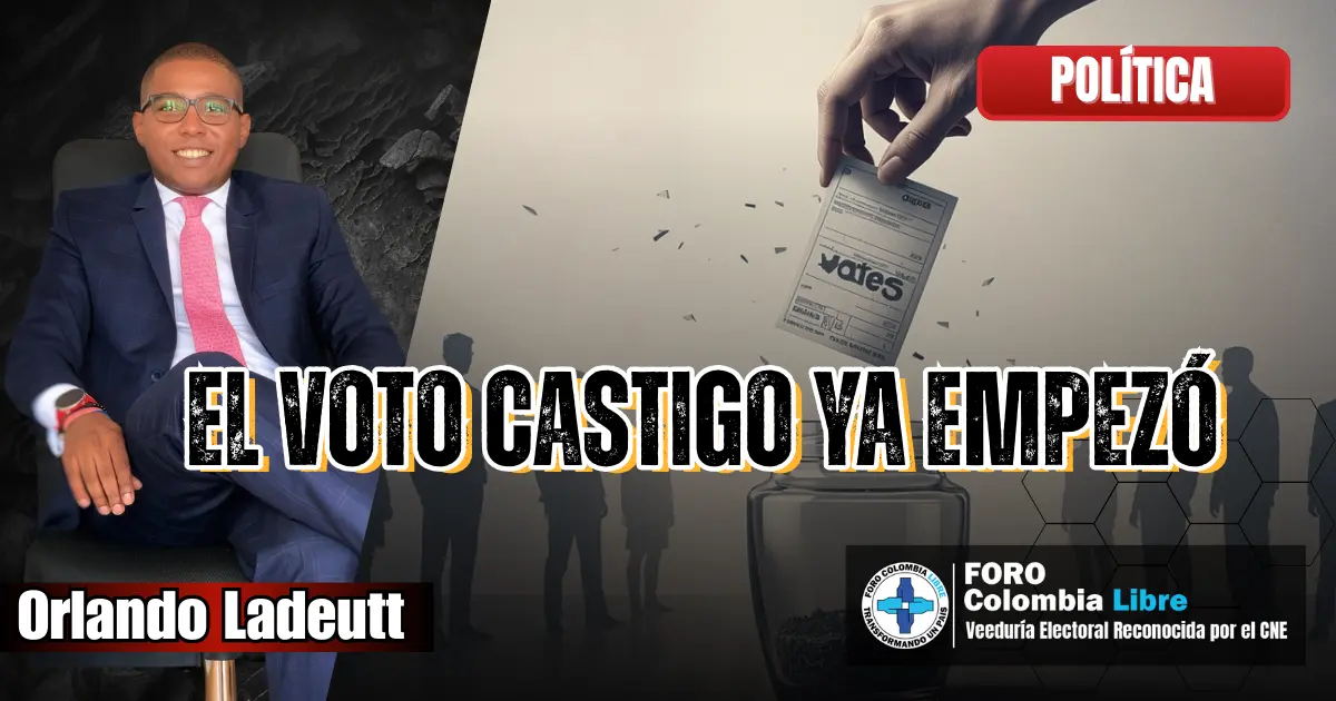 El voto castigo ya empezó, pero no tiene dueño 1 Imagen editorial sobre el voto castigo, con una mano depositando un tarjetón en una urna y la figura de un analista político, en un contexto de elecciones y descontento ciudadano.