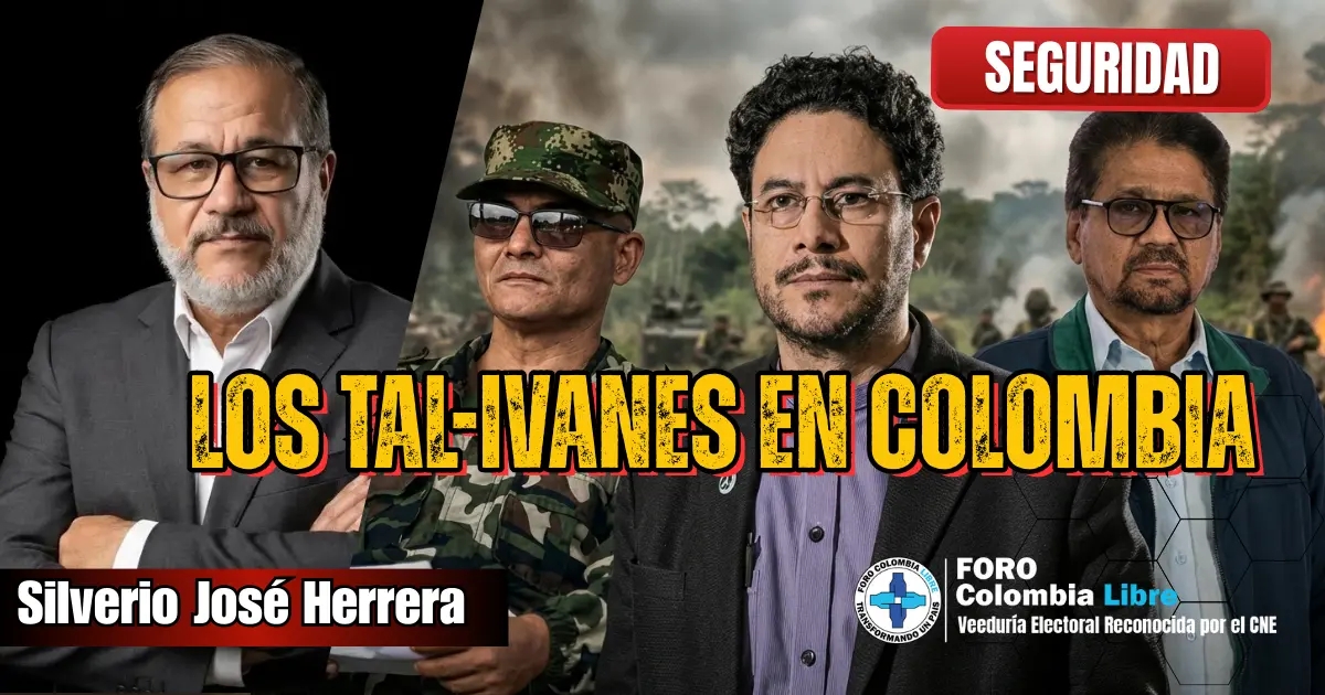 Imagen editorial sobre los tal-ivanes en Colombia, con figuras asociadas al conflicto armado, la política y la seguridad nacional, en un contexto de violencia y crisis institucional.