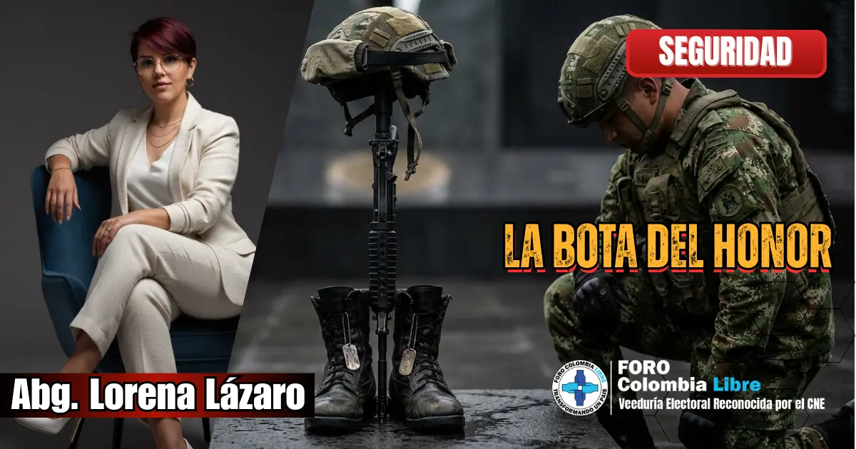 Monumento simbólico con botas militares, fusil y casco, junto a soldado del Ejército de Colombia en señal de duelo, representando la bota del honor y el sacrificio de la Fuerza Pública.