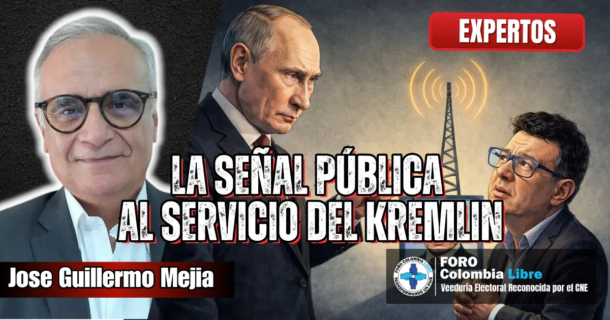 Cuando Hollman Morris pone la señal pública al servicio del Kremlin 1 Ilustración editorial política donde Vladimir Putin aparece dando órdenes frente a una antena de transmisión, mientras un periodista colombiano caricaturizado lo observa en actitud subordinada. Imagen crítica sobre control mediático y señal pública al servicio del Kremlin, publicada por Foro Colombia Libre.