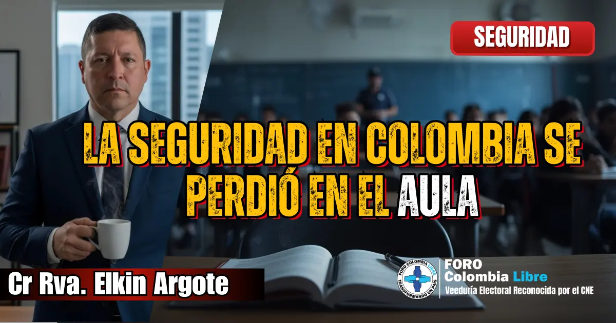 seguridad-en-colombia-se-perdio- Imagen editorial sobre cómo la seguridad en Colombia se perdió en el aula, con Elkin Argote y un entorno educativo de fondo.