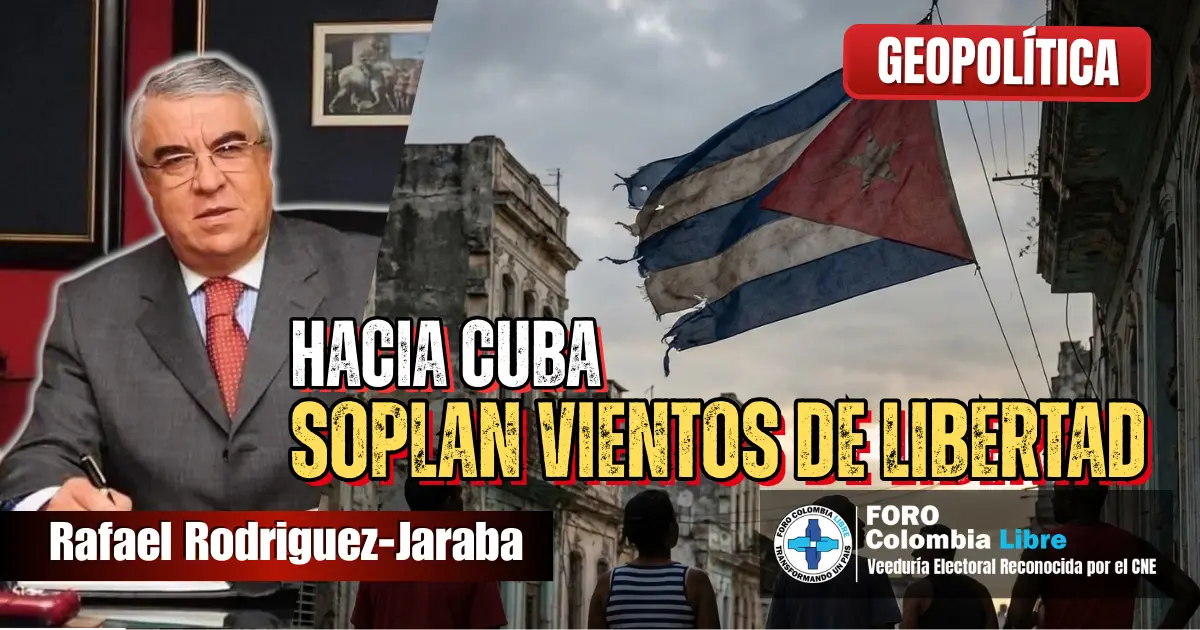 Hacia Cuba soplan vientos de libertad 1 Bandera de Cuba deteriorada ondeando entre edificios en ruinas, símbolo de los vientos de libertad frente a la dictadura comunista