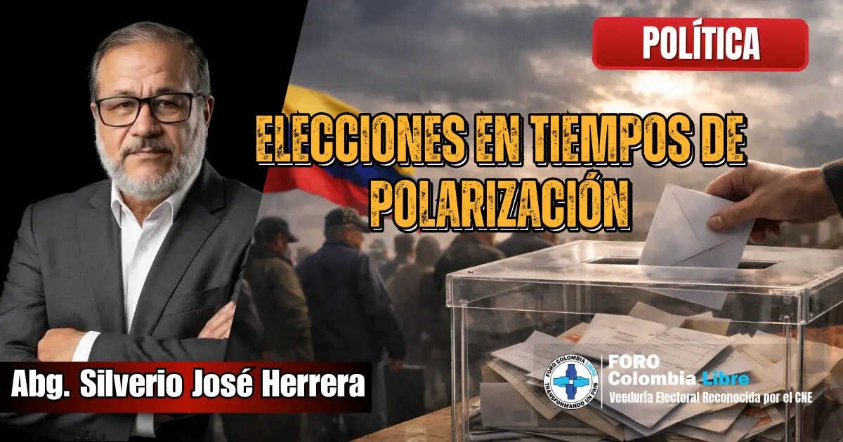 Imagen editorial sobre Elecciones en tiempos de polarización en Colombia, con urna de votación, bandera nacional y retrato de Silverio José Herrera en primer plano.