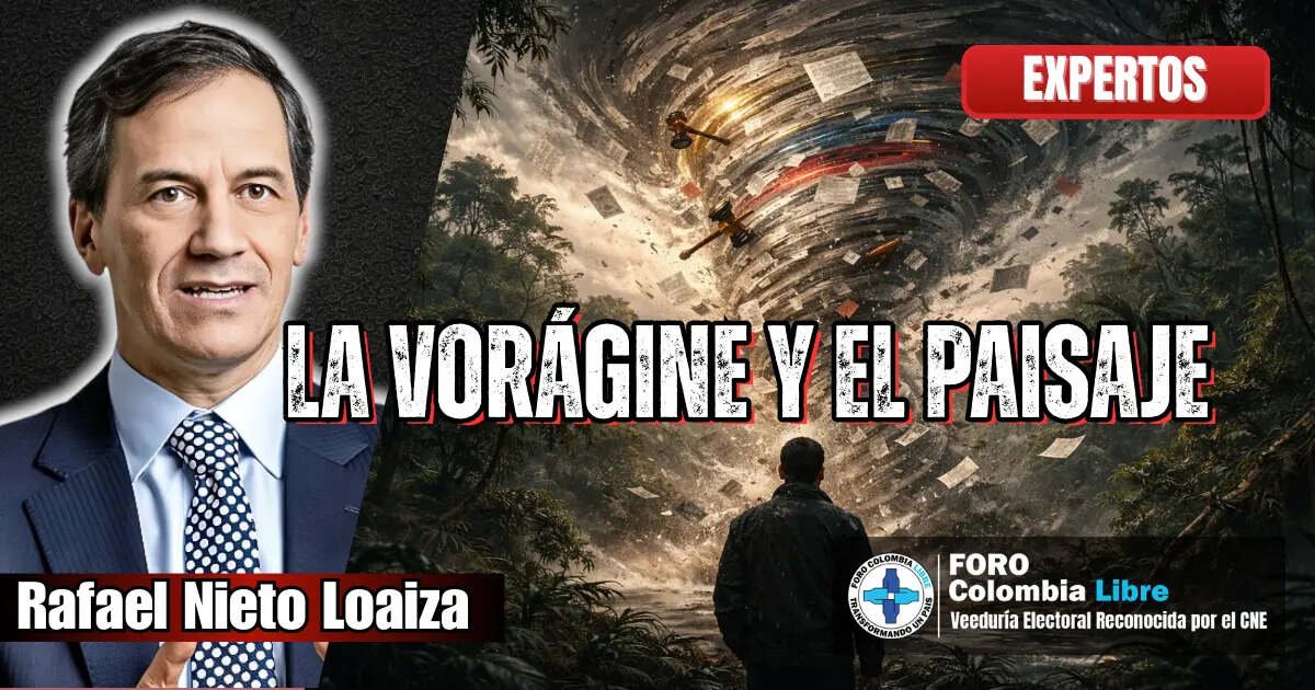 Rafael Nieto Loaiza junto a ilustración de una vorágine política en la selva, simbolizando crisis y corrupción en Colombia