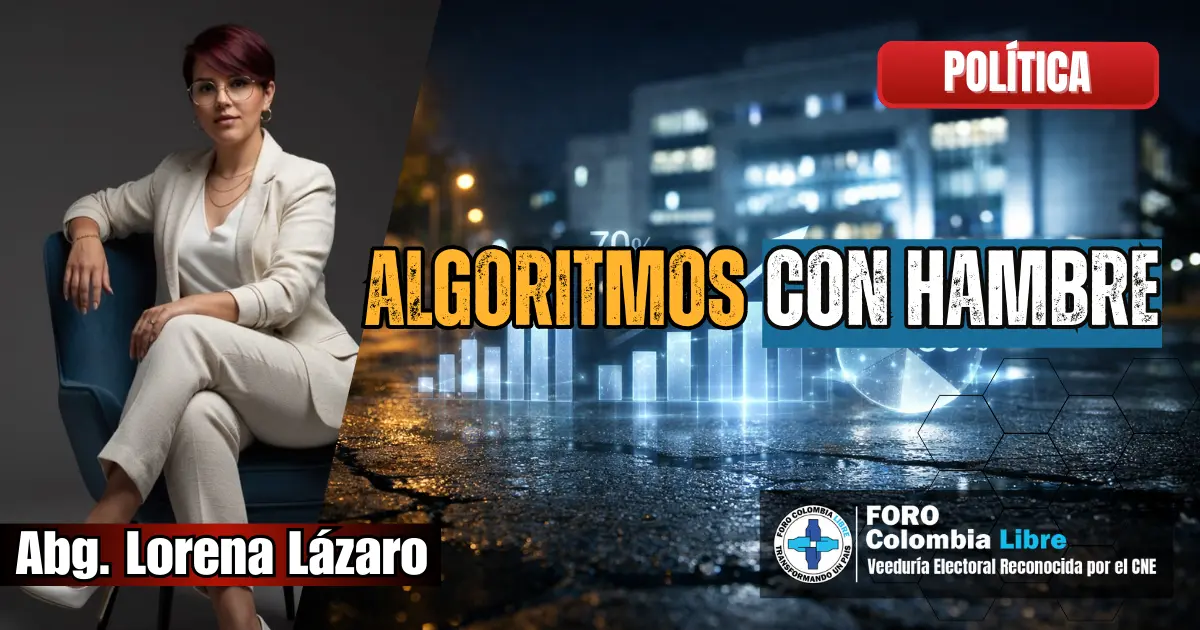 Imagen editorial de Algoritmos con hambre que representa la manipulación de encuestas políticas frente a la realidad social en Colombia.