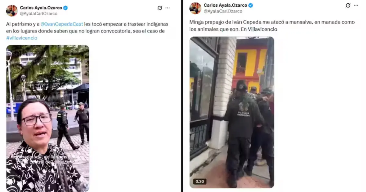 MINGA: Paramilitarismo con presupuesto 2 Captura de publicaciones en redes sociales donde el periodista Carlos Ayala denuncia ataque de la MINGA en Villavicencio, mostrando imágenes del momento en vía pública con presencia de manifestantes y autoridades.