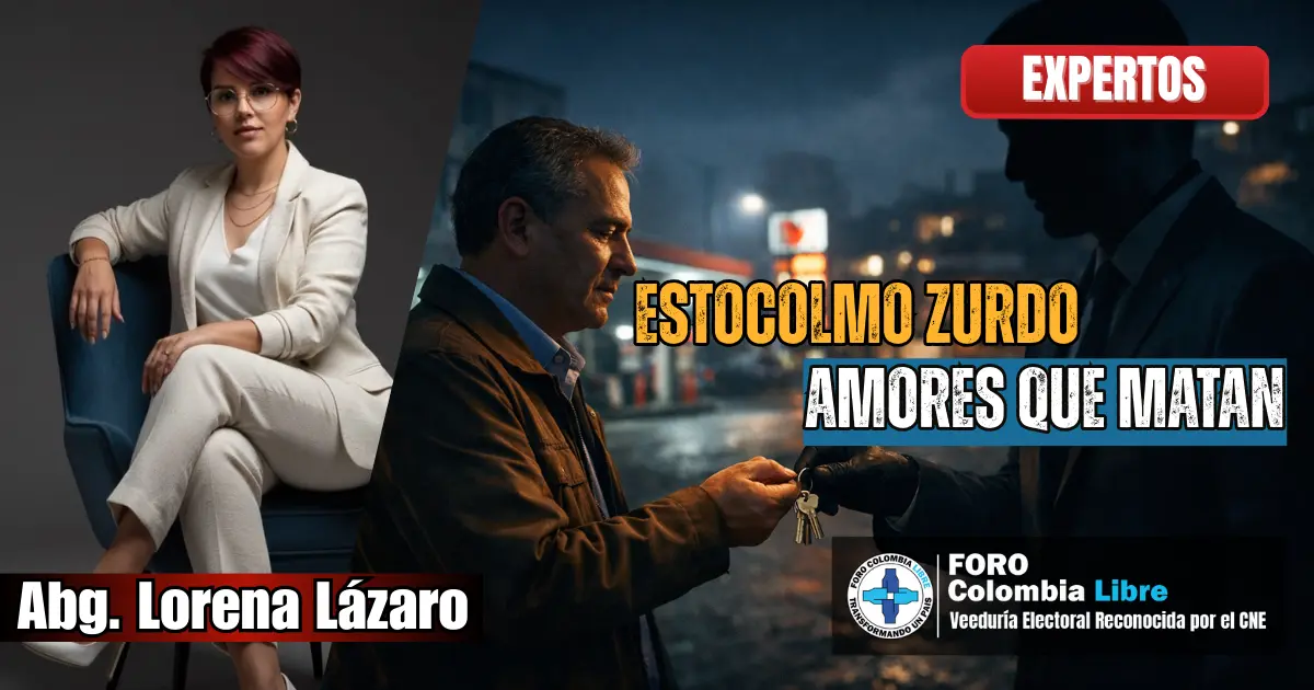 Estocolmo zurdo, amores que matan 1 Imagen editorial sobre el Estocolmo zurdo en la política colombiana, con la abogada Lorena Lázaro y una escena simbólica de sumisión ideológica que representa la entrega voluntaria del poder ciudadano.