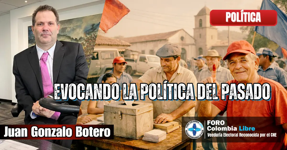 Evocación de la política del pasado en Colombia, con votación tradicional, urna electoral, tinta en el dedo y memoria cívica.