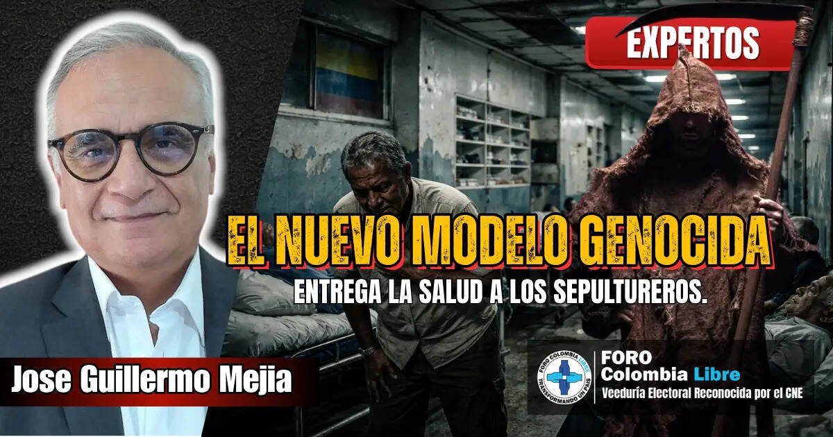 Imagen editorial del modelo genocida en la salud colombiana con hospital colapsado y escena de abandono médico