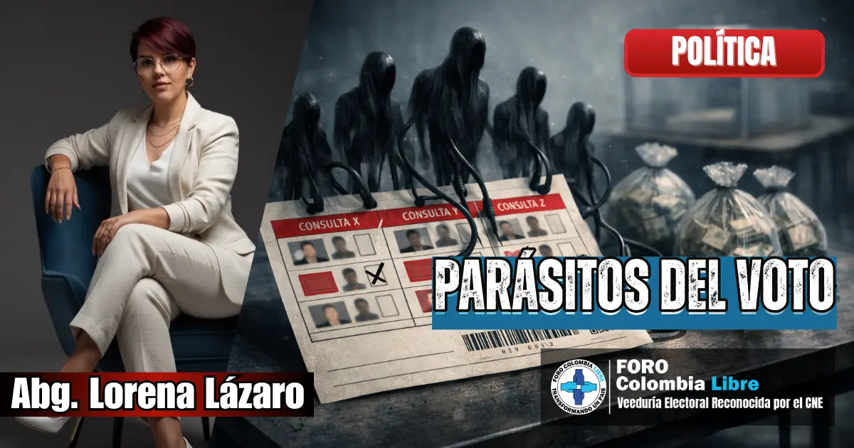 Parásitos del voto 1 Abogada Lorena Lázaro junto a tarjetón electoral colombiano simbolizando los parásitos del voto y la reposición electoral.