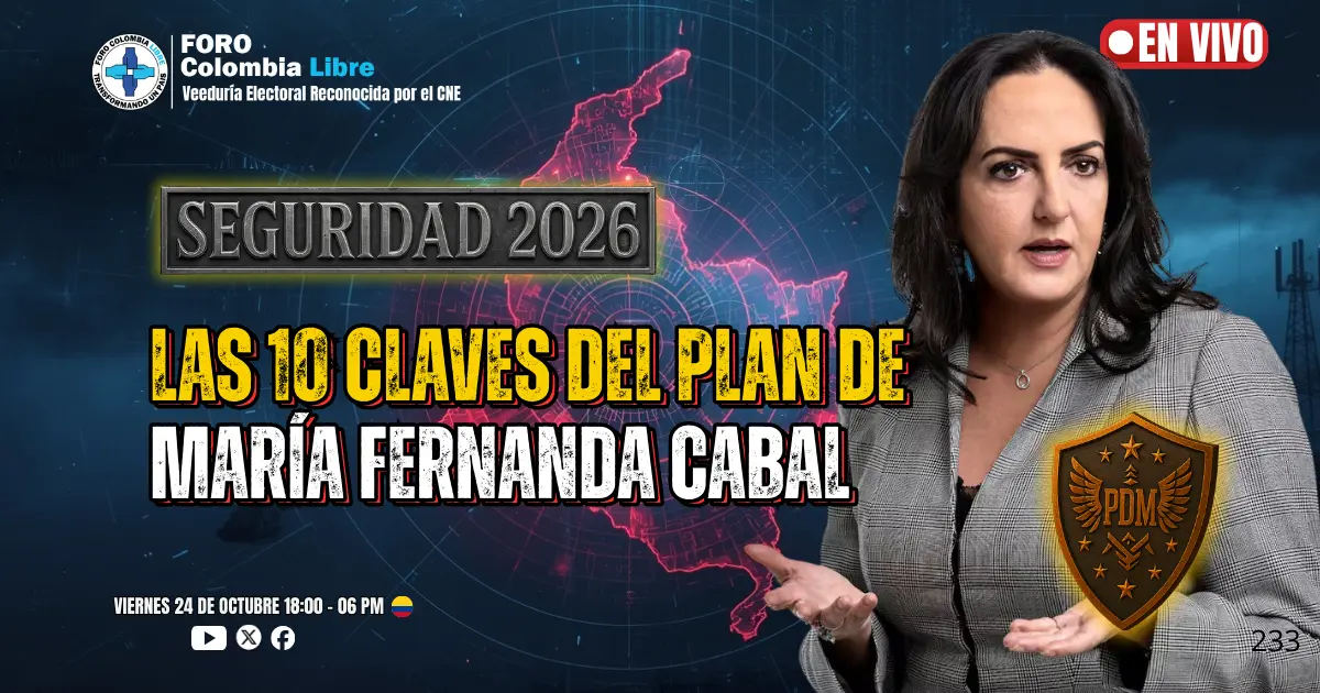 El futuro de Colombia está asociado a María Fernanda Cabal 2 Iniciamos una nueva serie de análisis en Foro Colombia Libre titulada “Radiografía de la Seguridad 2026”, donde examinaremos, uno a uno, los planes de seguridad de los candidatos presidenciales de Colombia. Este es el primer capítulo, y arrancamos con el Plan de Seguridad de María Fernanda Cabal, una propuesta que busca recuperar el control territorial, fortalecer la Fuerza Pública y restablecer la autoridad del Estado.
