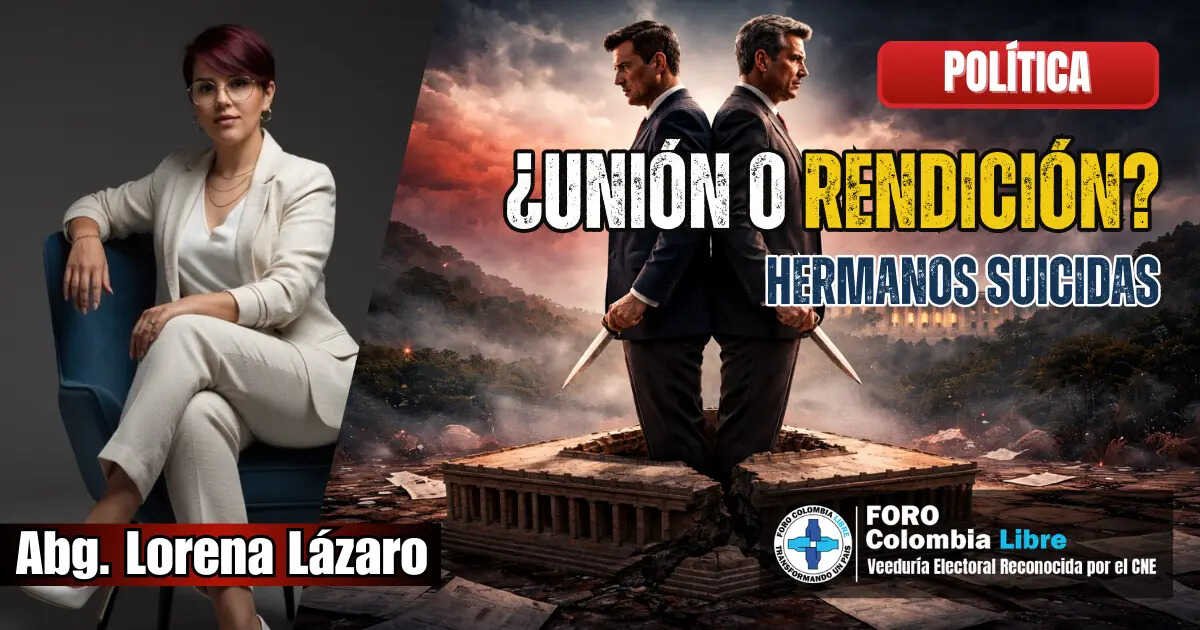 Miniatura política con dos hombres de traje espalda con espalda sobre un Congreso fracturado, cielo rojo dramático, texto “¿Unión o Rendición? Hermanos Suicidas” y fotografía de la abogada Lorena Lázaro.